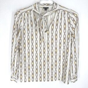 Ann Taylor Ivory Chain-Print Tie-Neck Blouse with Gold and Gray Links